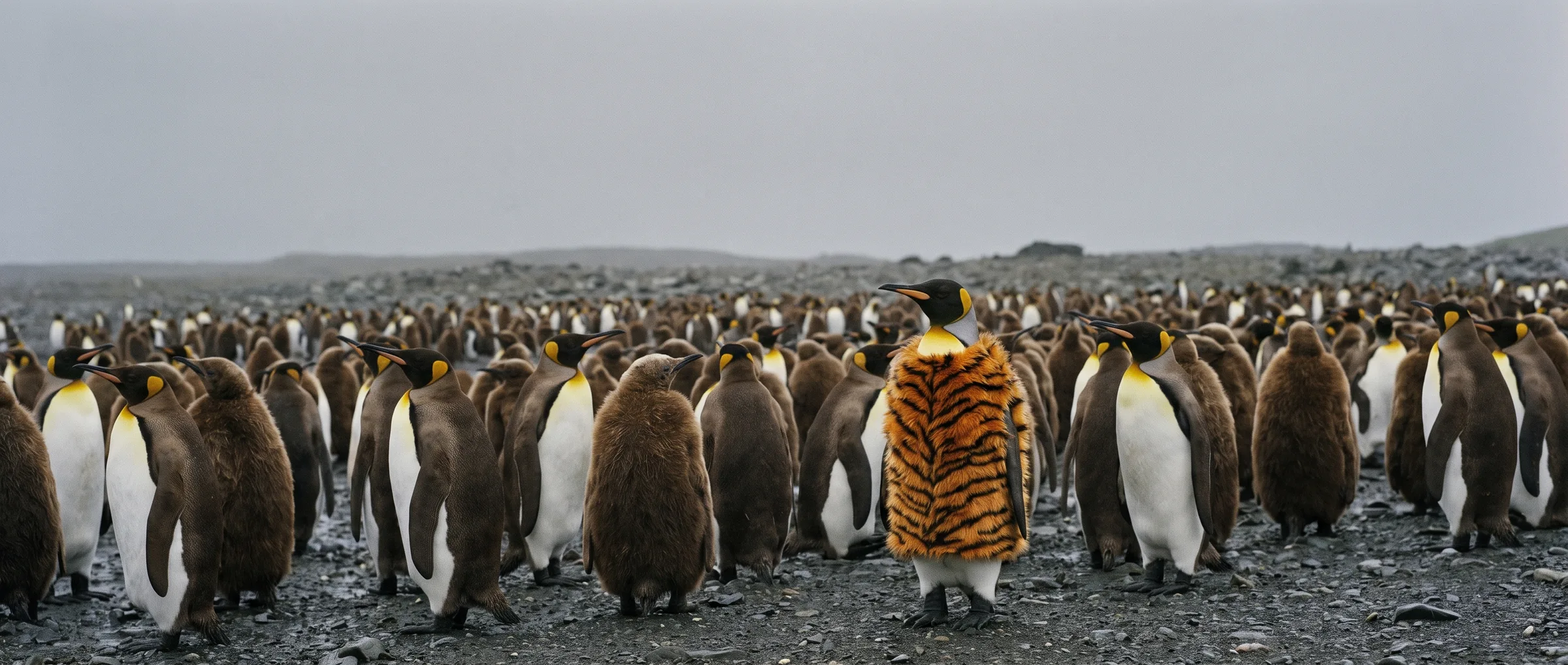 Pinguin-Kolonie mit einem einzigartigen Pinguin im Tigerfell