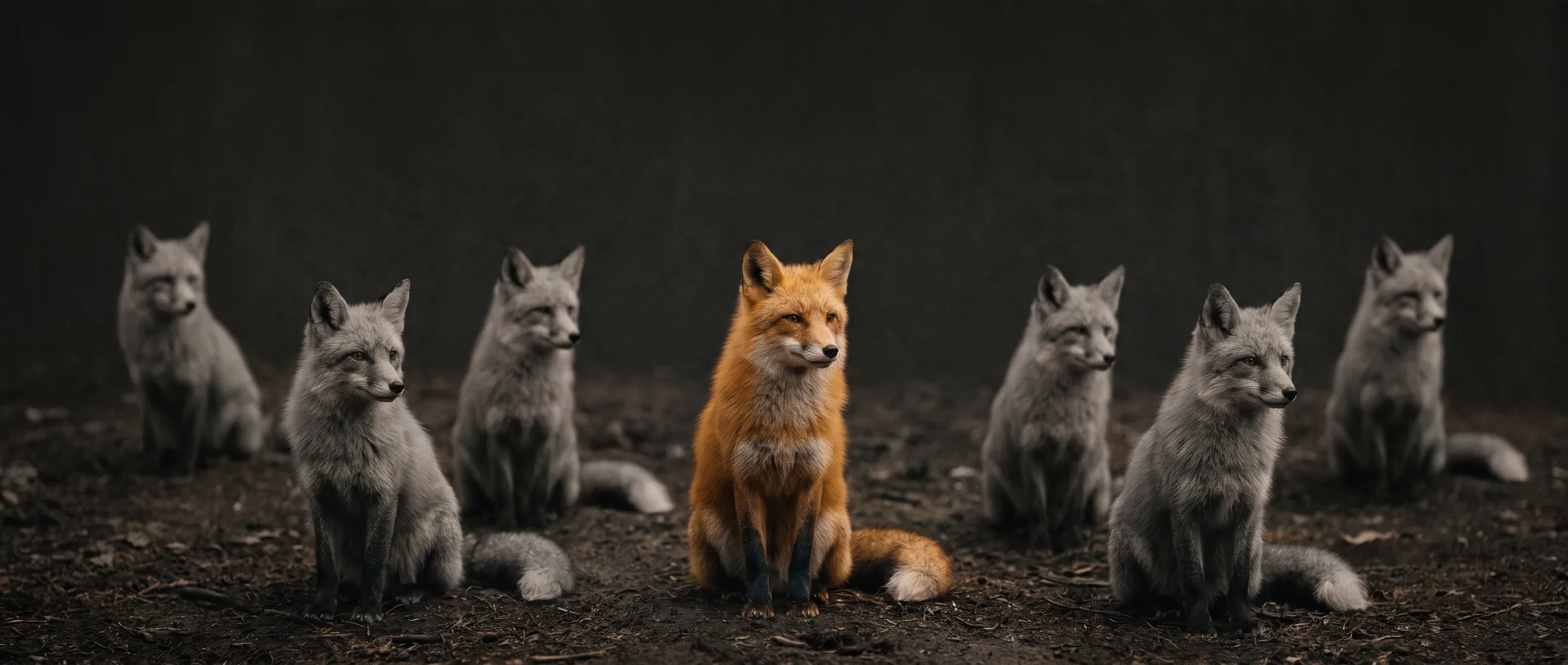 Oranger Fuchs zwischen grauen Füchsen