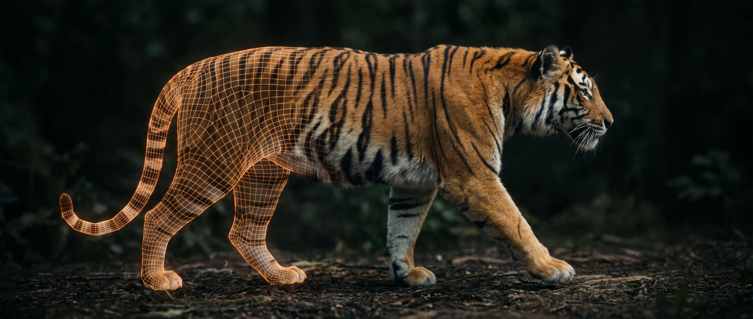 Tiger, halb Wireframe, halb echtes Fell – 3D-Visualisierung