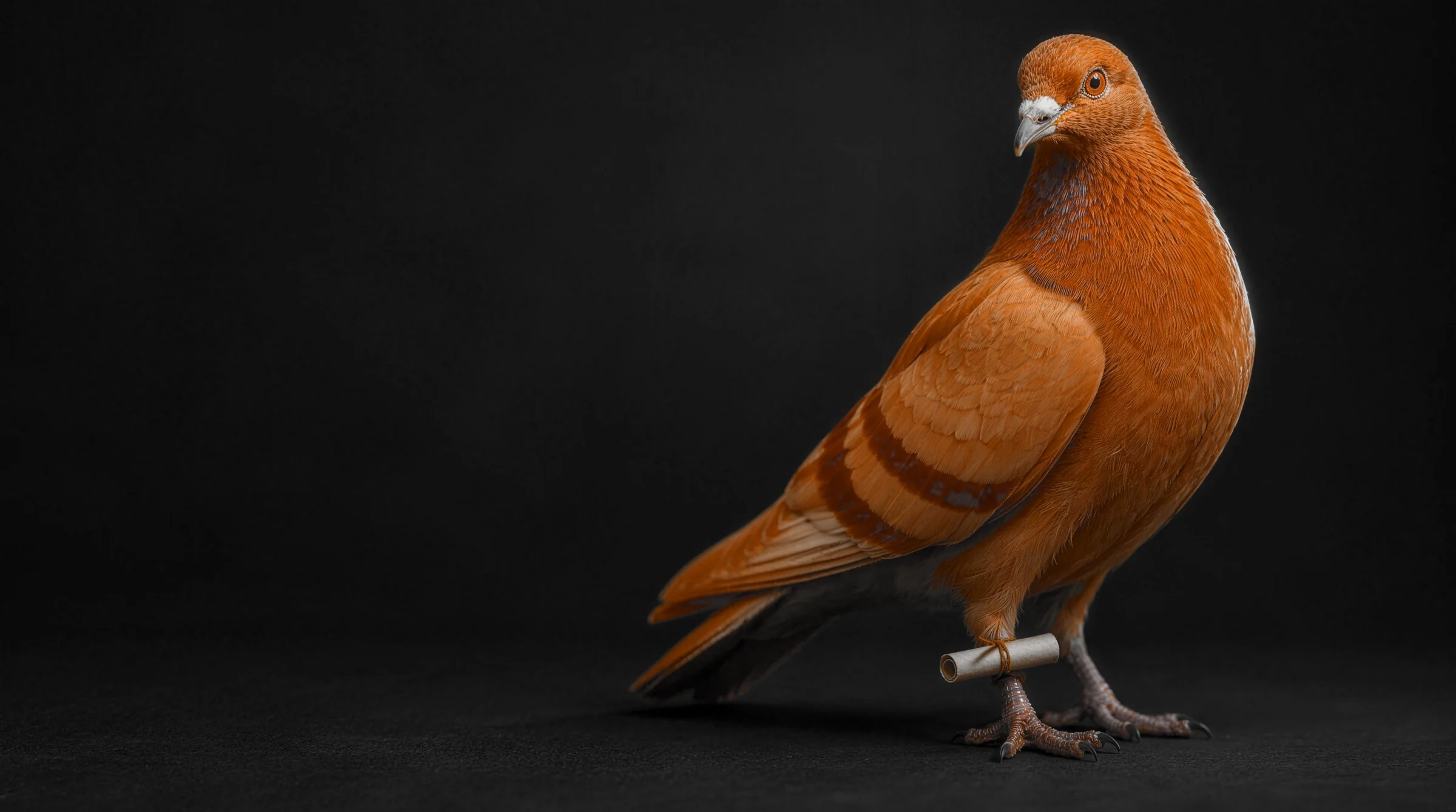 Orange Brieftaube mit einer kleinen Nachricht am Bein im dunklen Studio