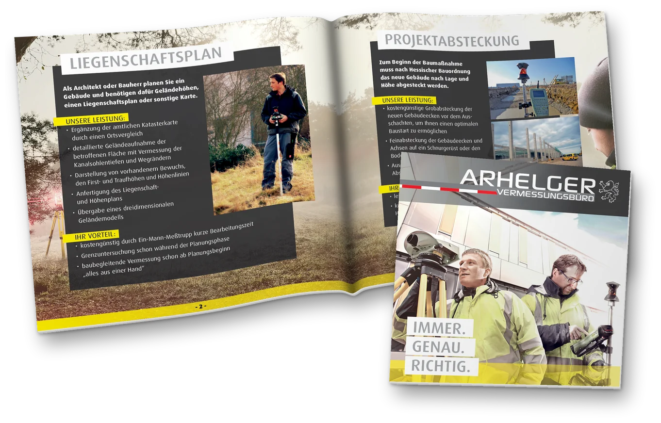 Druckstück: Arhelger Vermessung – Imagebroschüre „Immer. Genau. Richtig.“