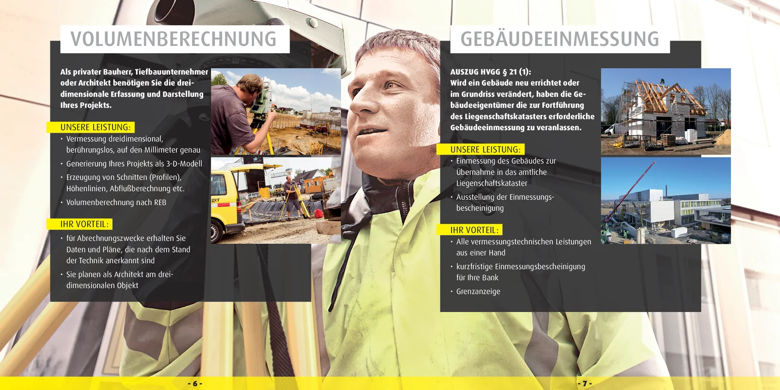 Doppelseite „Volumenberechnung“ und „Gebäudeeinmessung“