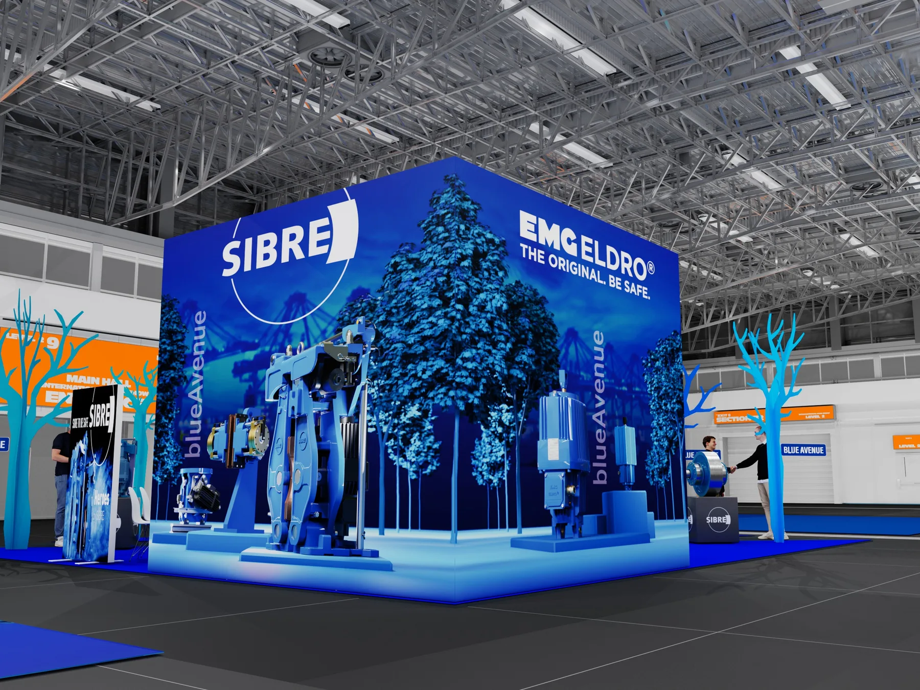 3D-Visualisierung der Rückwand des SIBRE-Messestands mit Hafenmotiv