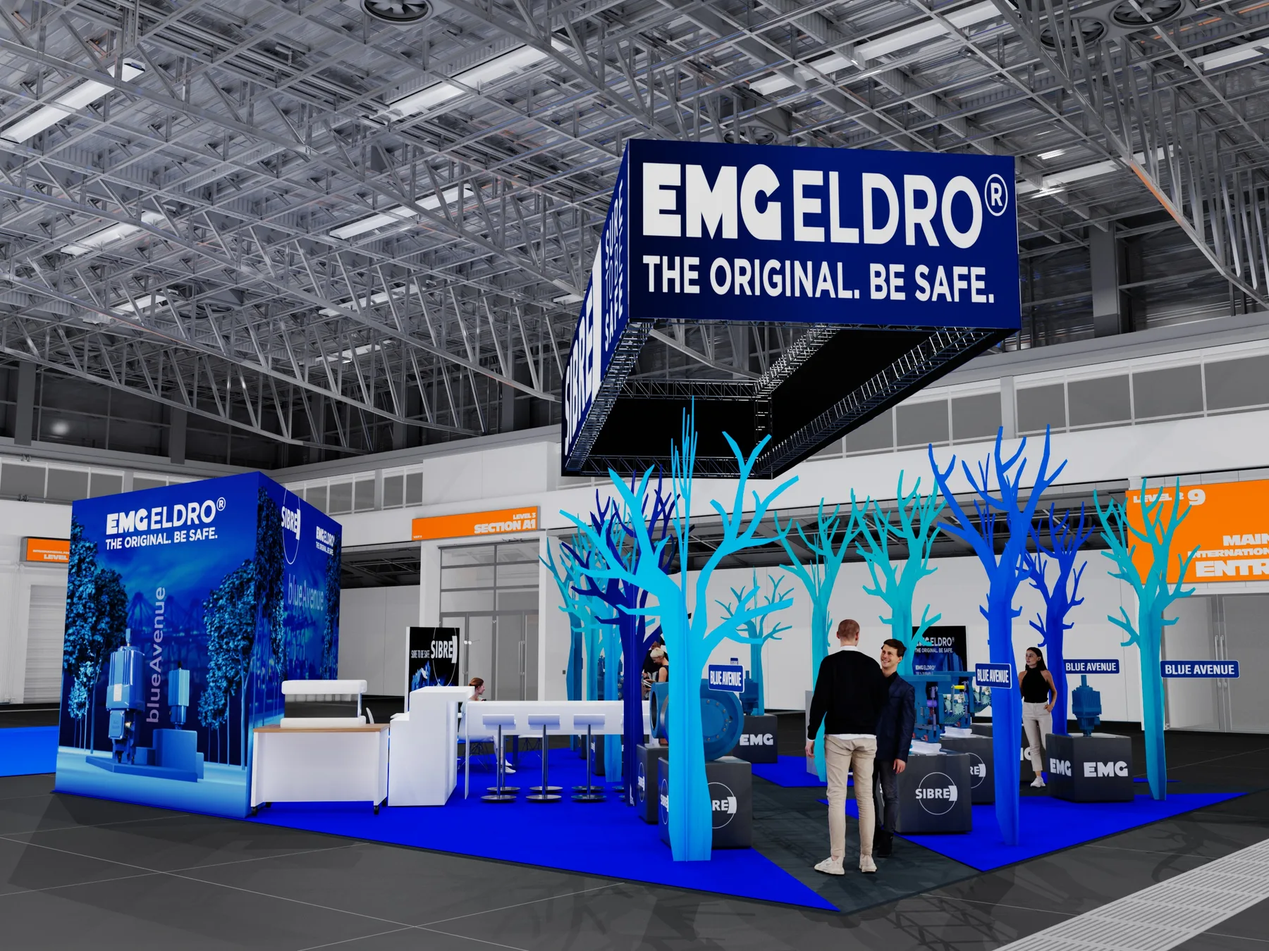3D-Visualisierung des SIBRE-Messestands Blue Avenue mit blauen Bäumen und Hängewürfel